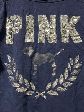 Victoria's Secret PINK Bling Sequins Navy Blue Silver T-shirt Size Small
